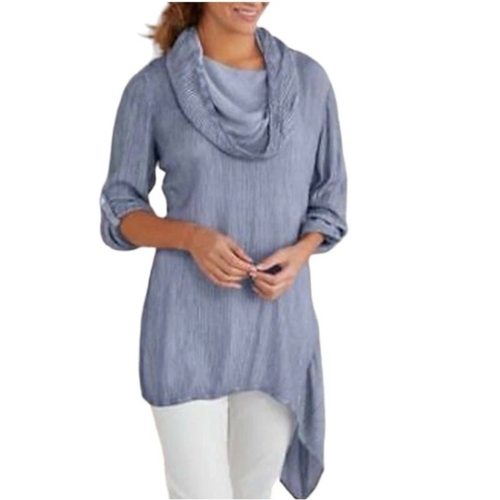 Soft Surroundings Asymmetrical Gauze Tunic Top Blue Cowl Neck Crinkle Roll Tab S
